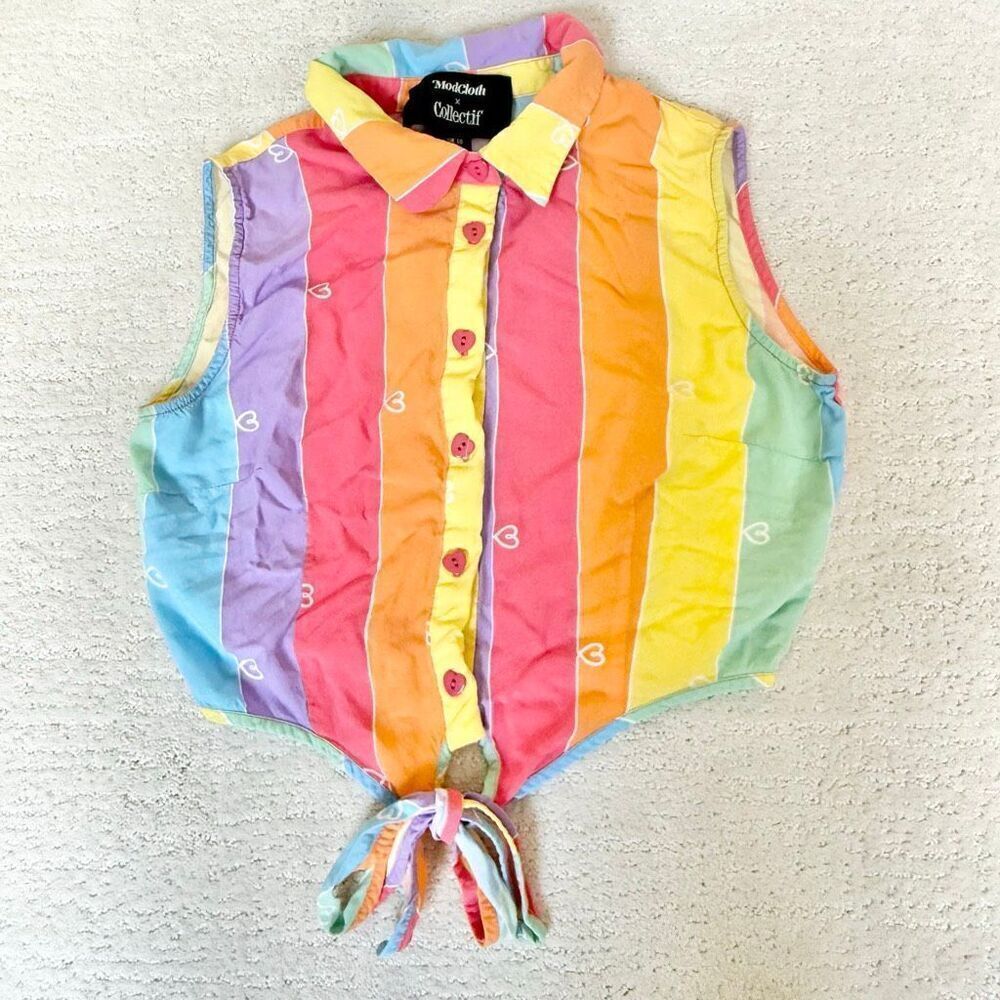 Modcloth x Collectif Rainbow Cropped Sleeveless Button Down Knot Keyhole Blouse